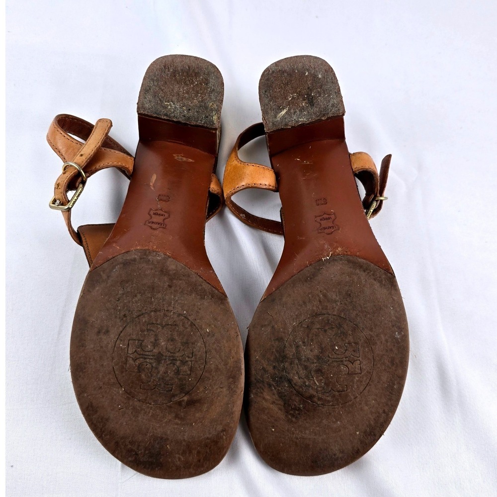 Tory Burch Audra T-Strap Block Heel Thong Sandals Women 8M Tan Leather Gold - Picture 7 of 7